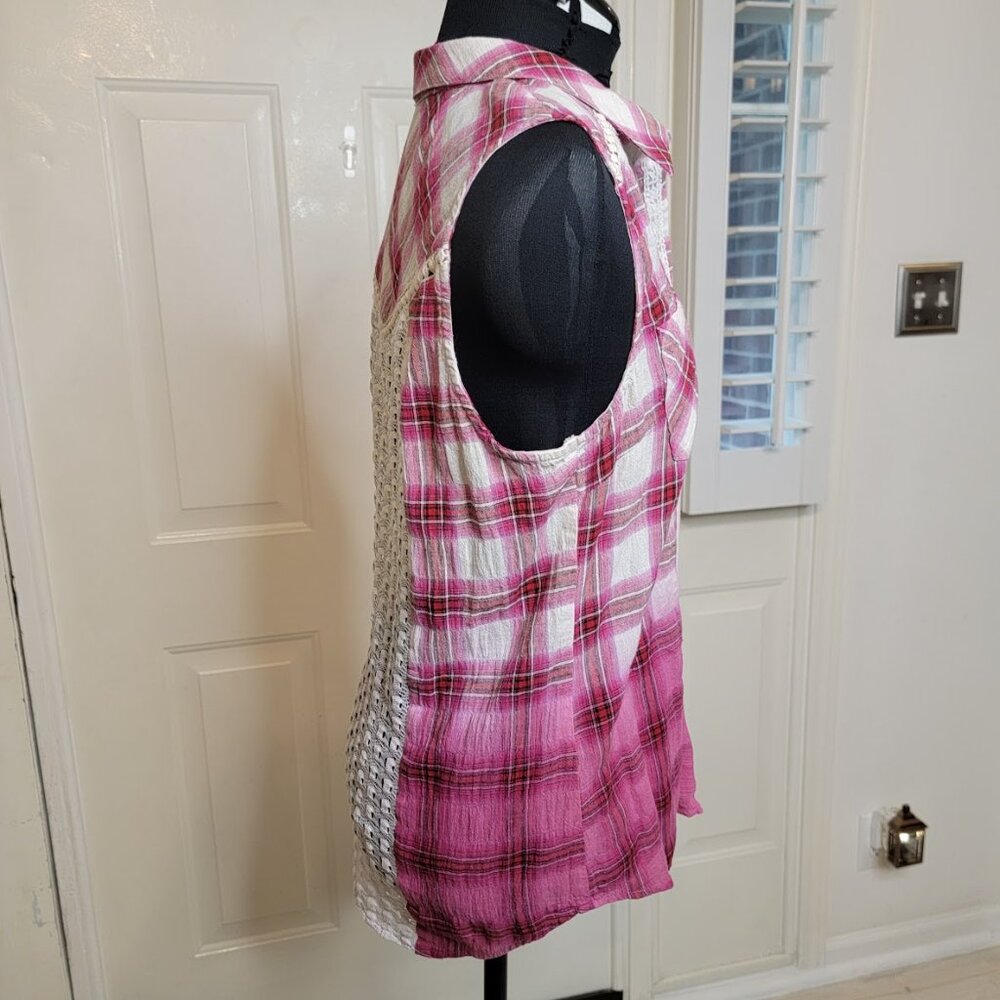 Miss Me Pink Plaid Sleeveless Shirt with Lace Back Size M – Western Boho Festiva - Picture 5 of 11